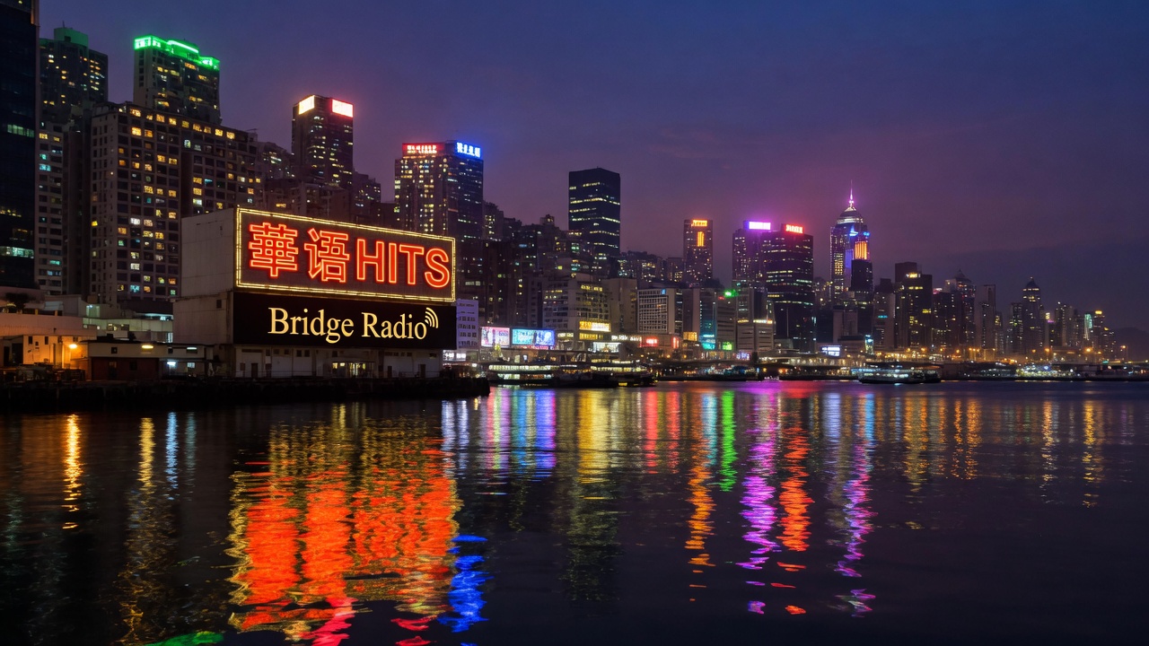 Hong Kong night skyline reflected in Victoria Harbour with a 华语 HITS signboard in gold Chinese characters and Bridge Radio in English
