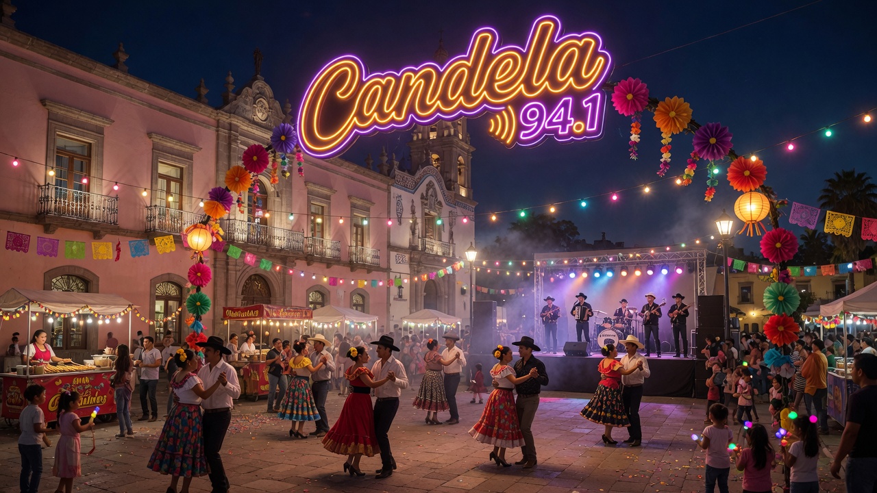 Mexican fiesta in San Luis Potosí with couples dancing under a neon Candela 94.1 arch sign, string lights and colonial architecture