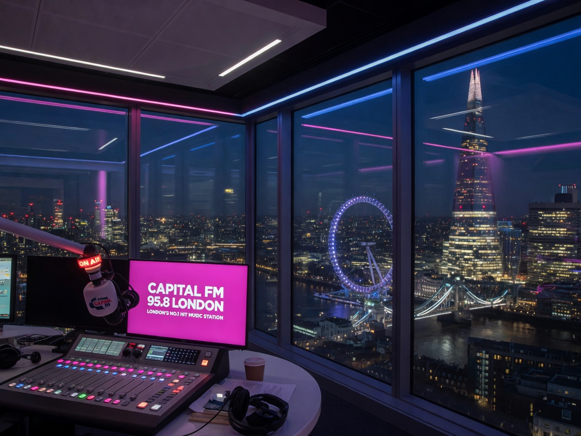A modern radio broadcast studio overlooking the London skyline, representing Capital FM London's on-air studio