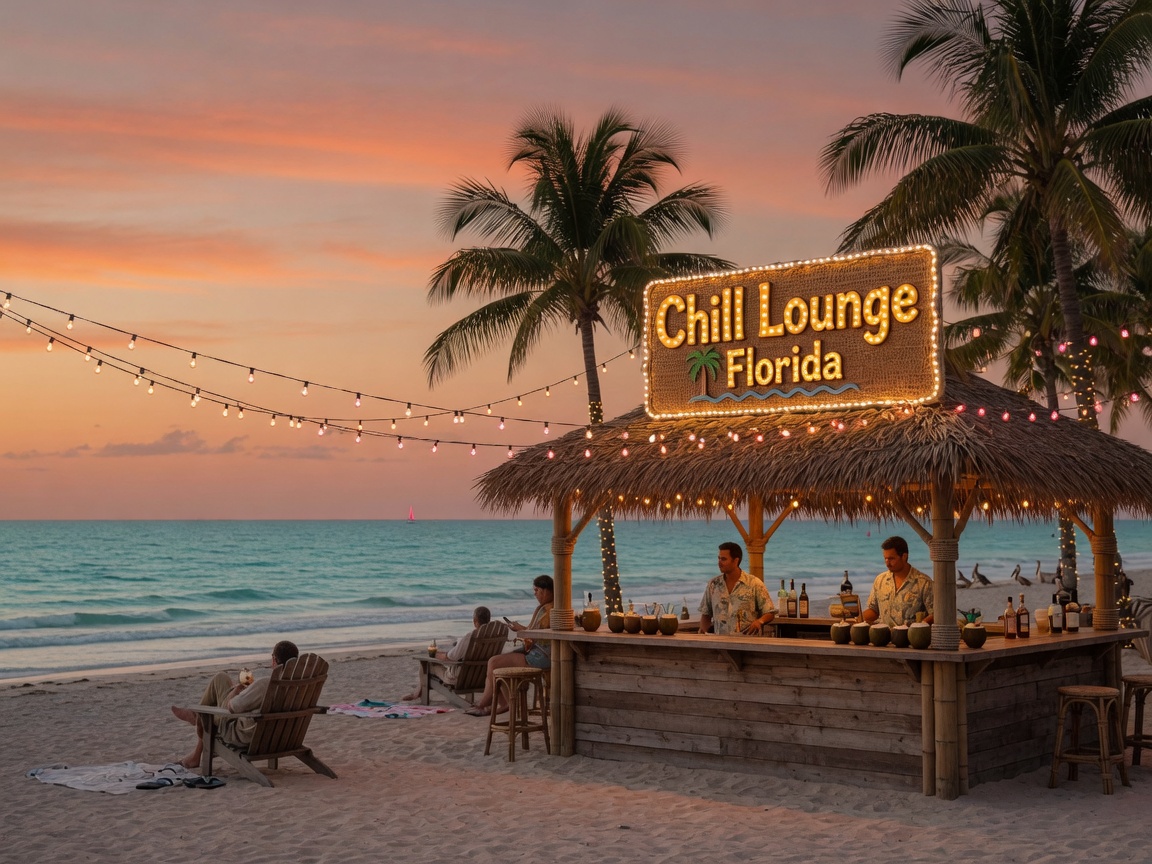 A serene Florida beach lounge at sunset with a glowing Chill Lounge Florida sign above a tiki bar