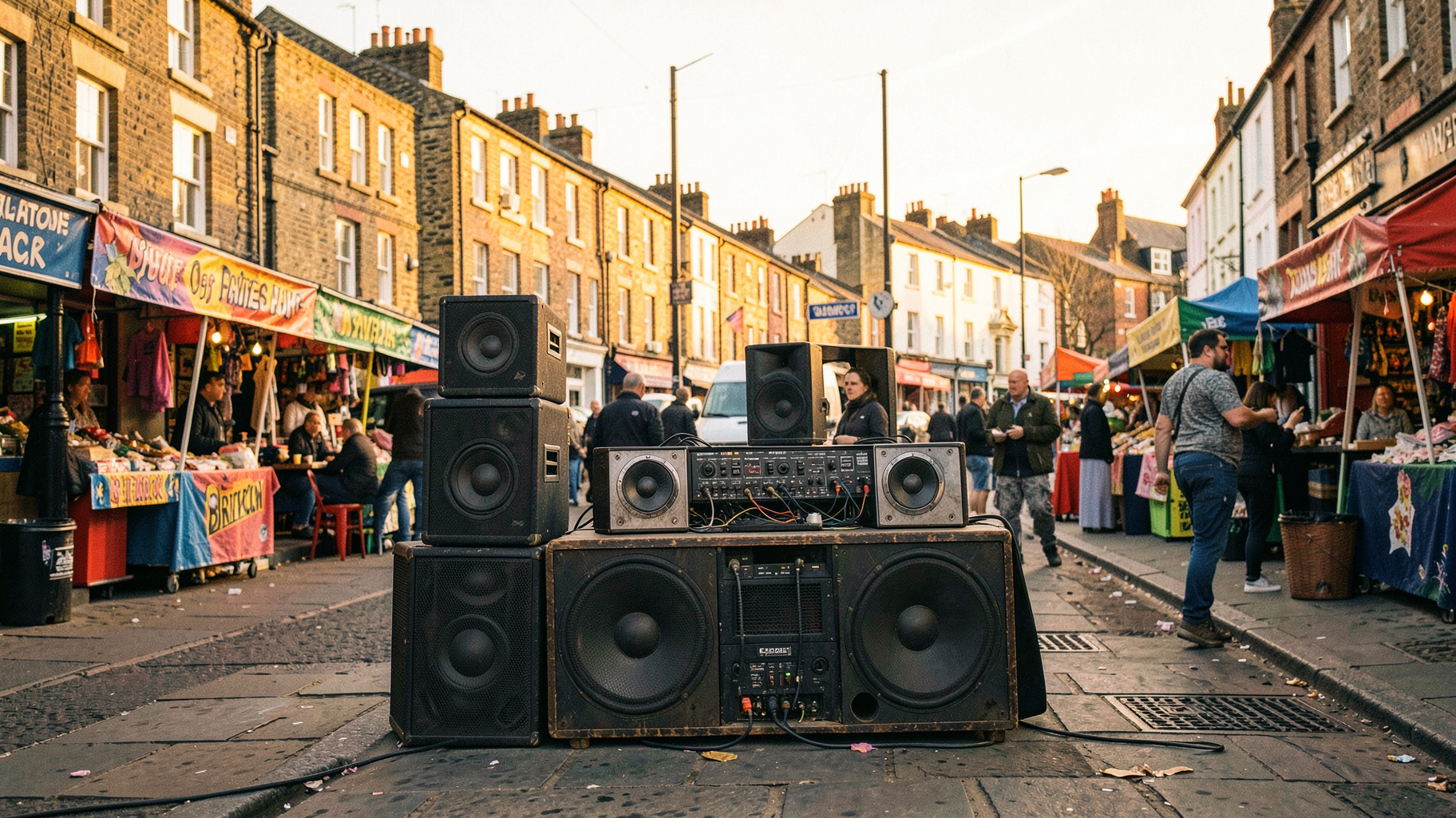 A vibrant Brixton London street scene at golden hour with a vintage reggae sound system and colorful market stalls