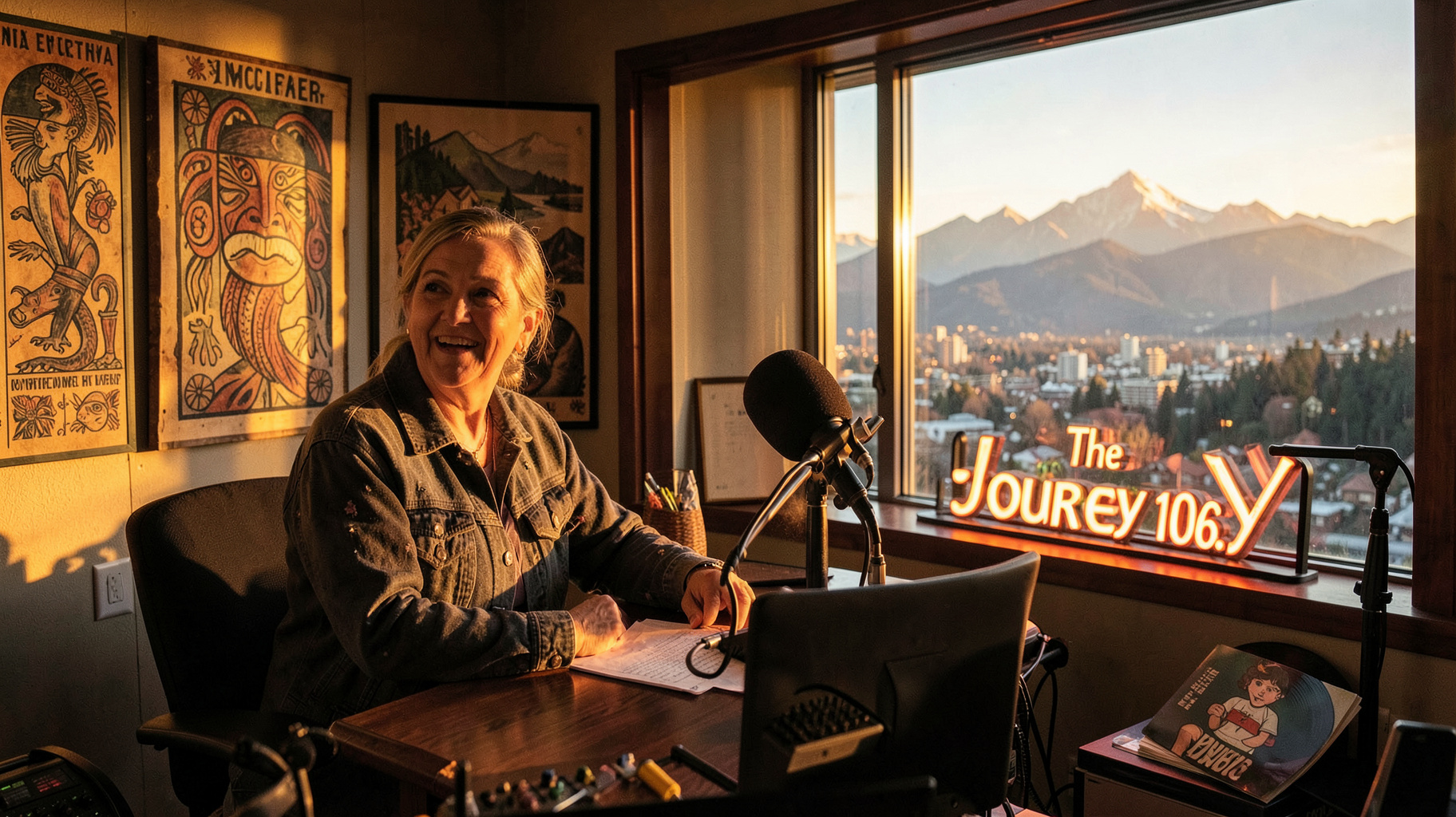 A Vancouver radio studio with Indigenous art and a sign reading The Journey 106.3