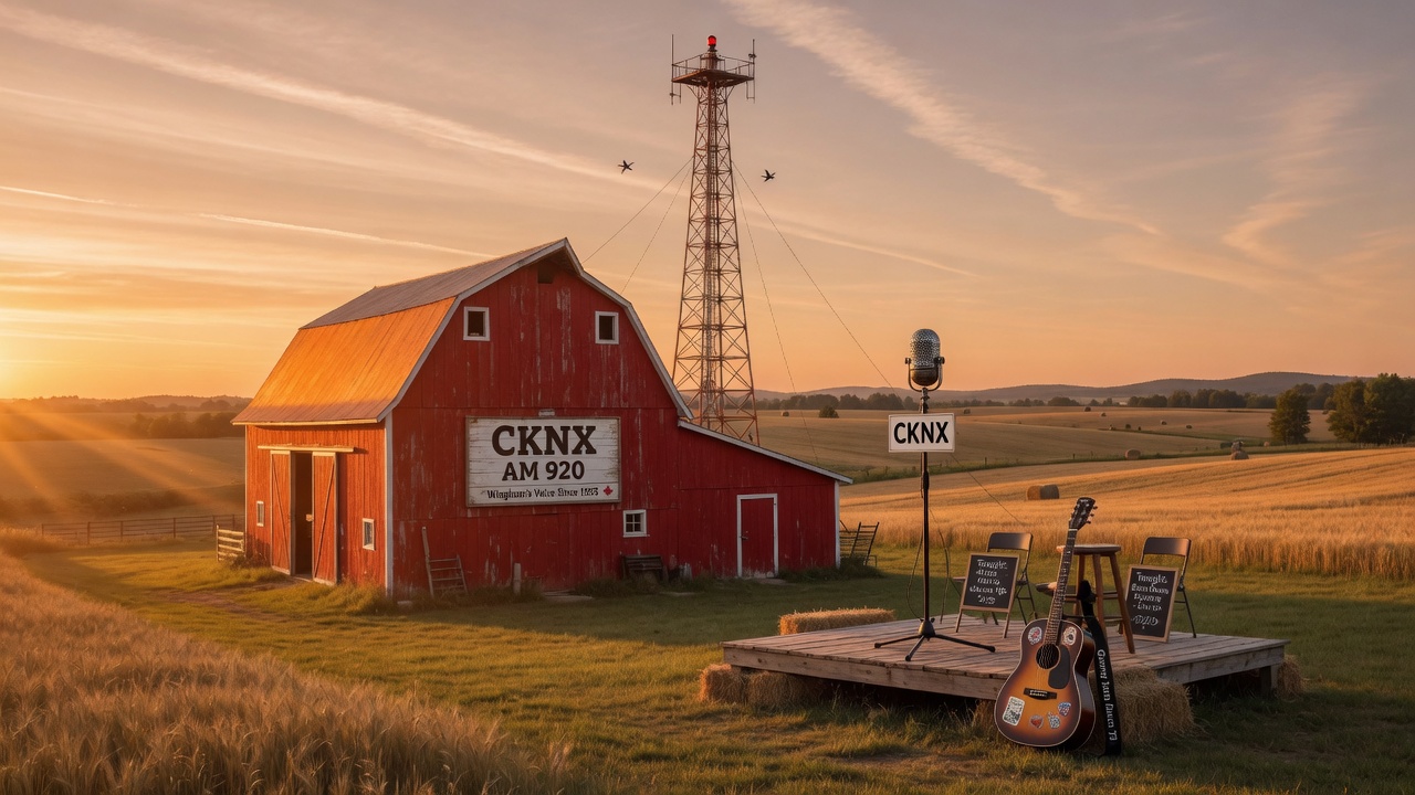A rural Ontario farm at golden hour with a red barn, a vintage radio tower and an old-time microphone, with a CKNX AM 920 sign