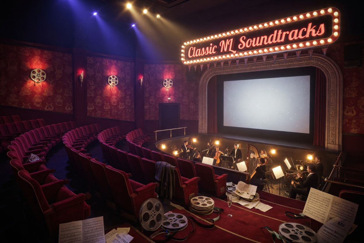 Grand cinema with Classic NL Soundtracks marquee, orchestral musicians in pit, dramatic cinematic lighting