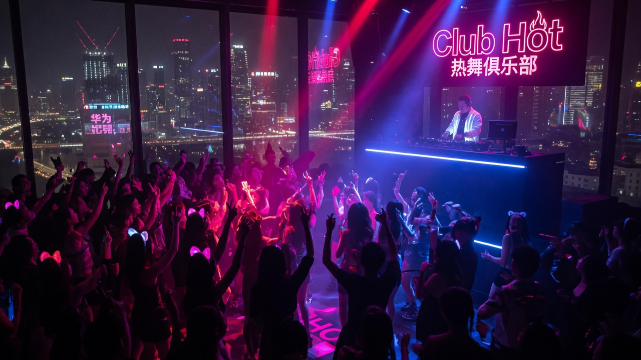 A packed neon-lit nightclub dance floor in a modern Chinese city, evoking the energy behind Club Hot's electronic and hip-hop programming