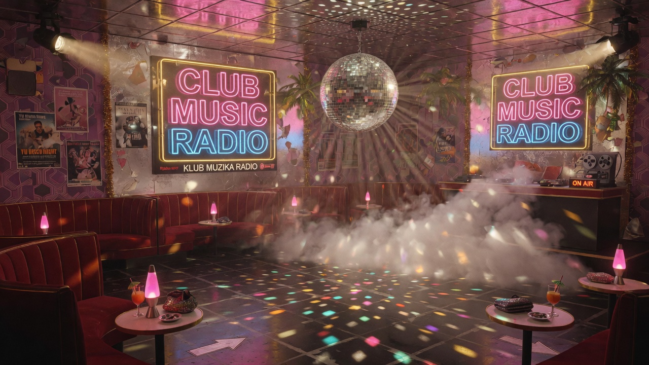 A 1980s-style disco club interior with mirror ball, neon Club Music Radio signs on the walls, and fog drifting across the dance floor