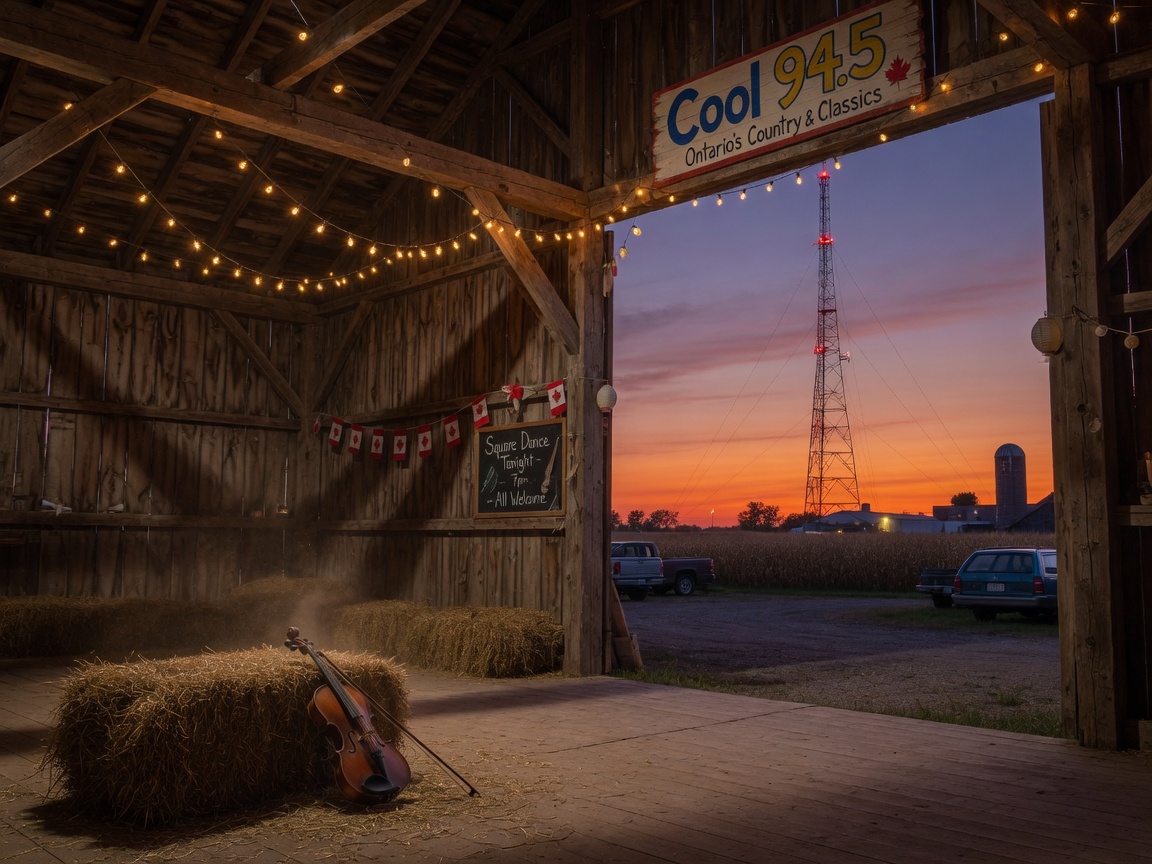 A rustic Ontario barn dance hall at dusk with a radio tower visible through the doors, representing Cool 94.5's Wingham roots