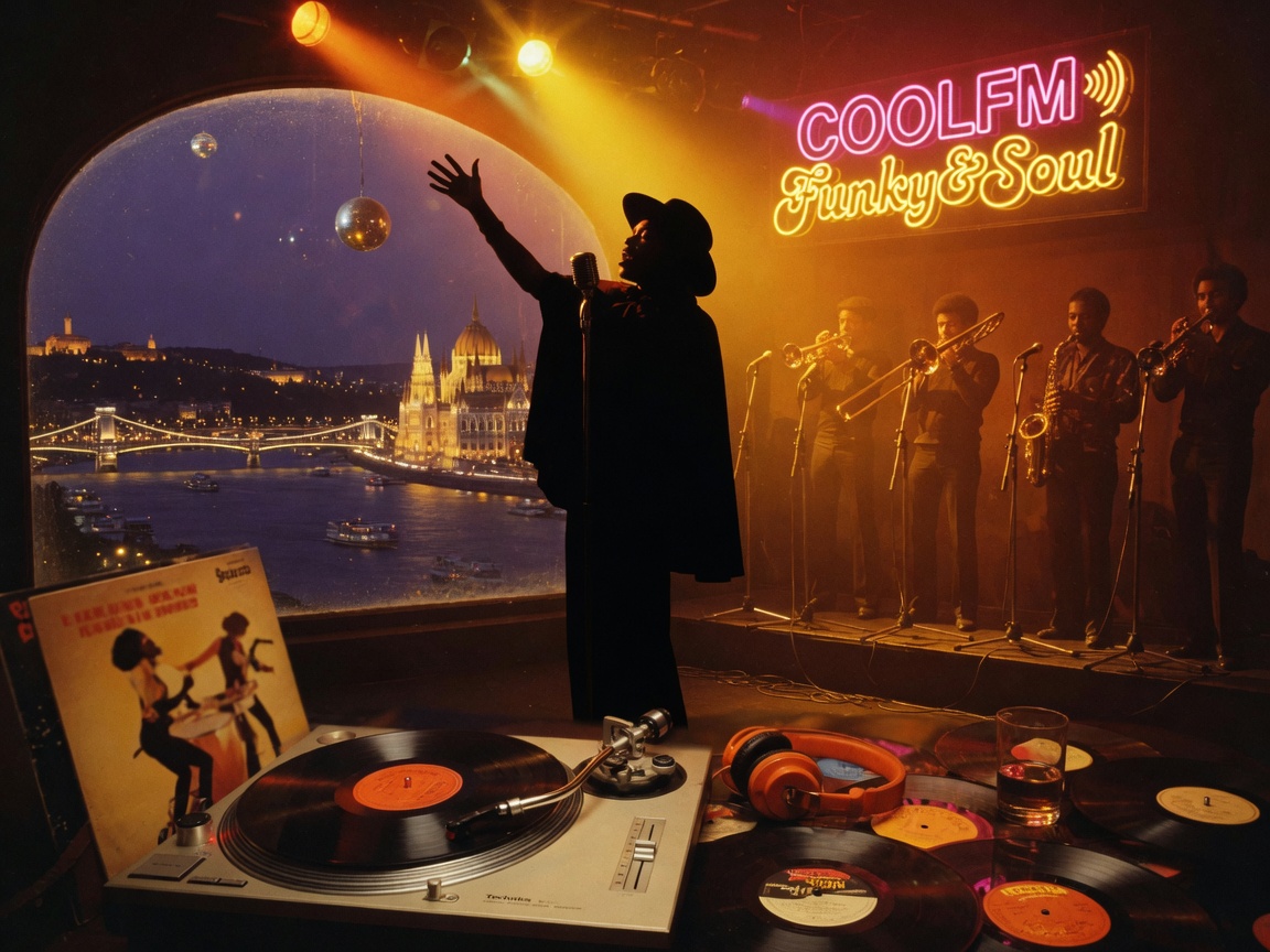 A soul singer silhouette performing under warm stage lights with the Budapest skyline visible behind a glowing COOLFM Funky&Soul sign