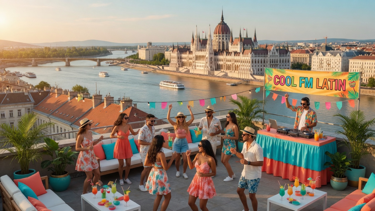 A sunny Budapest rooftop party with dancers, palms and a CoolFM Latin banner, the Parliament building in the background