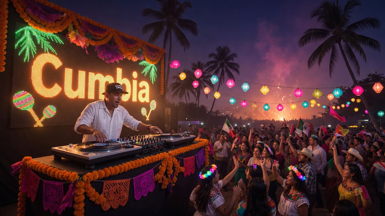 Outdoor tropical cumbia concert at night in Mexico, DJ at a marigold-draped stage with a Cumbia LED sign glowing in orange and yellow, paper lanterns overhead