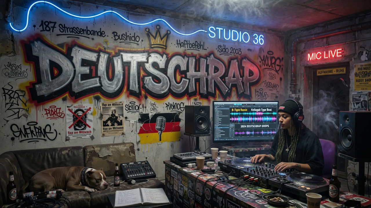 Female DJ in headphones behind a mixing board, German hip-hop graffiti art spelling DEUTSCHRAP on the wall behind her, neon-lit studio