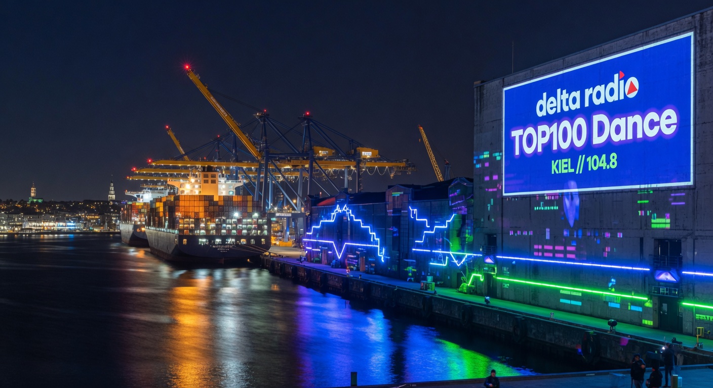 Kiel harbor at night with industrial cranes reflected in dark water, a delta radio TOP100 Dance billboard glowing in electric blue on a warehouse