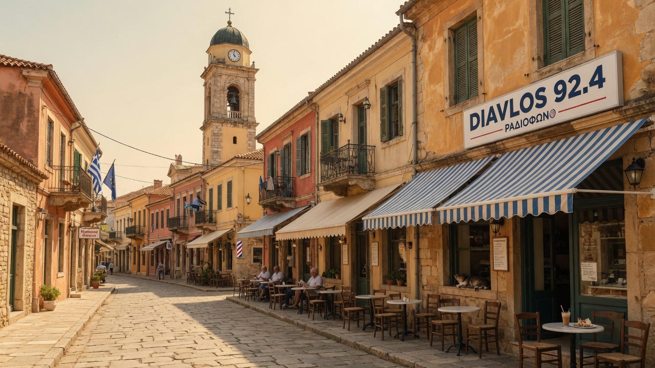 A sunny old-town street in Komotini, Thrace, with a historic clock tower, cafe tables and a Diavlos 92.4 sign above a corner cafe