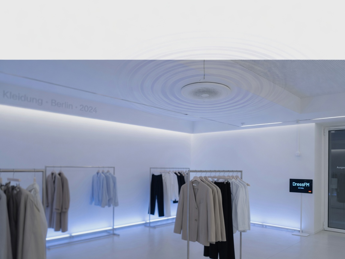 Minimalist German fashion store interior with calm ambient lighting and a DressFM display near the entrance