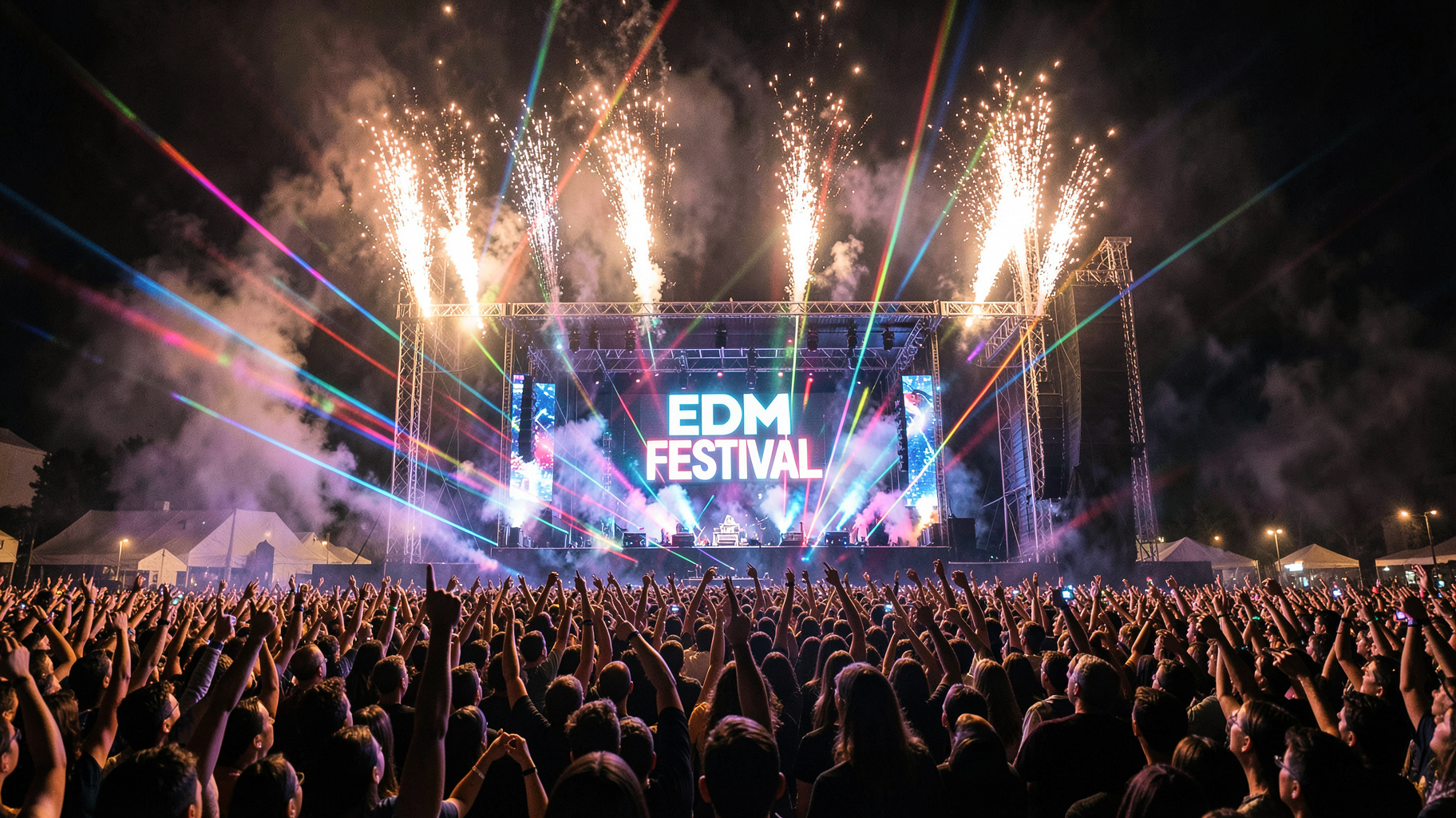 A massive EDM festival mainstage at night with pyrotechnics, laser beams and a glowing LED screen reading EDM FESTIVAL
