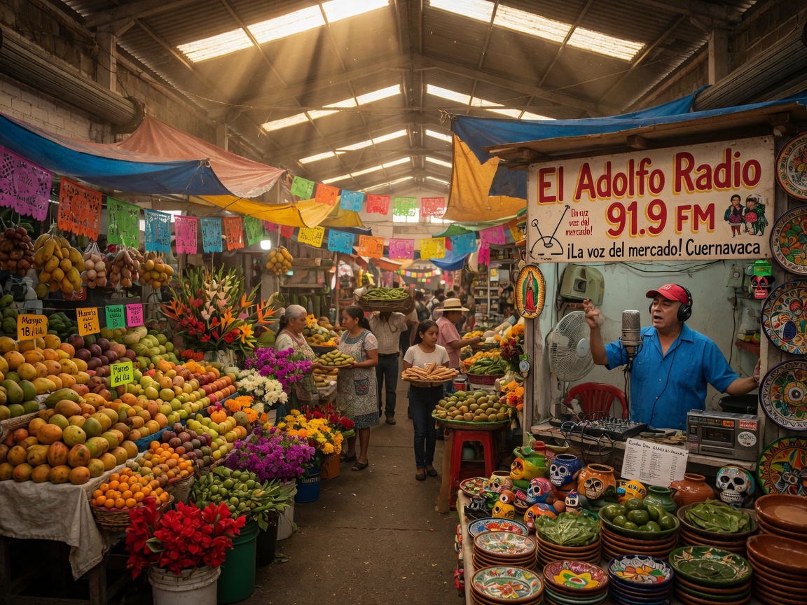 A vibrant Mexican market interior in Cuernavaca with a small radio broadcast booth, representing El Adolfo Radio