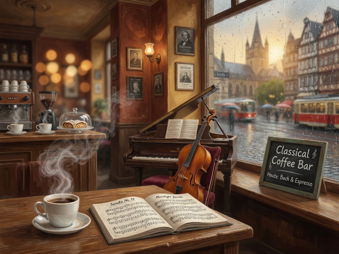 A cozy European coffee shop scene with a piano and cello, representing EPIC CLASSICAL's Classical Coffee Bar