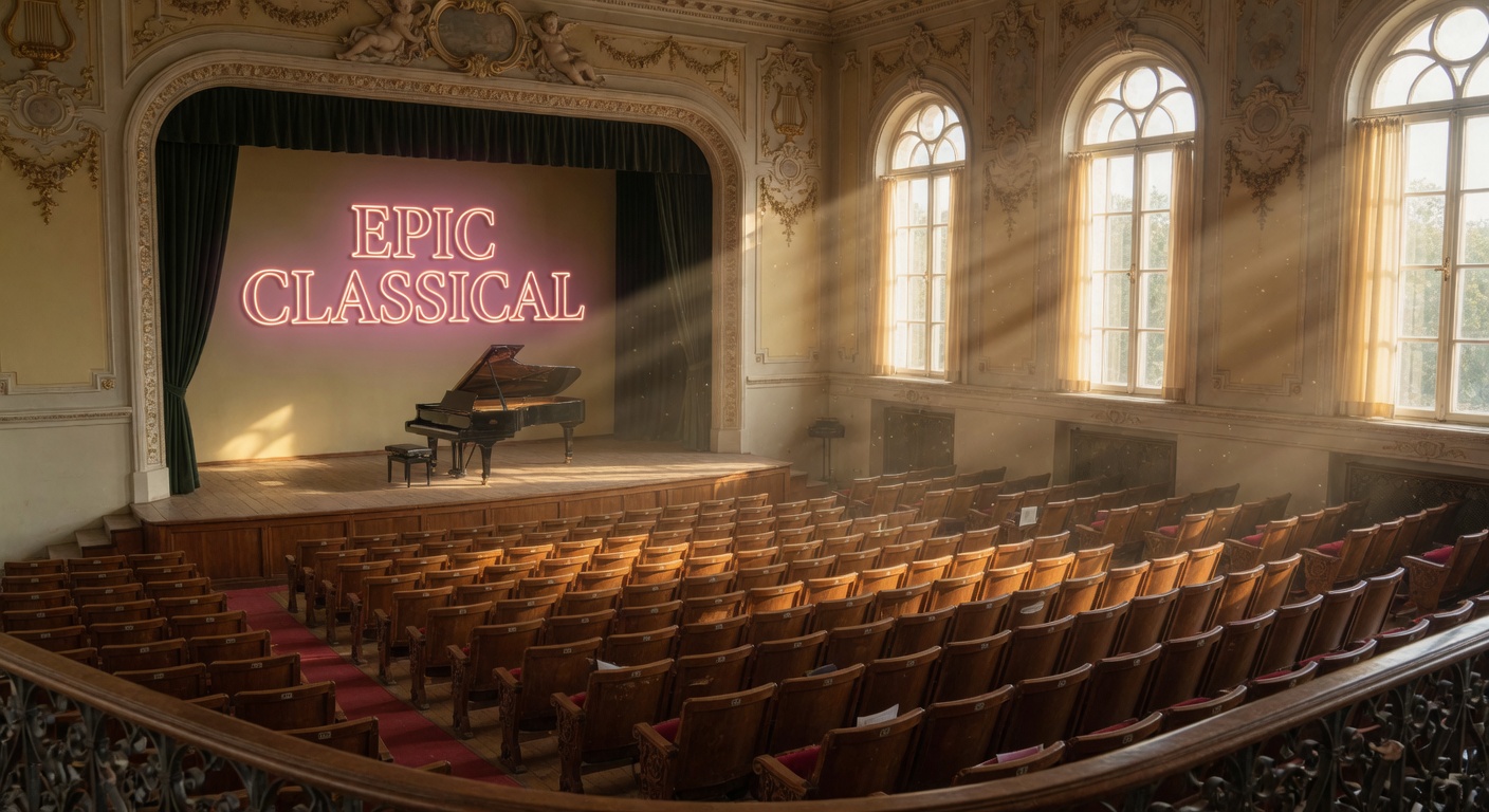 Sunlit European concert hall interior with a grand piano on stage and an EPIC CLASSICAL neon sign on the wall