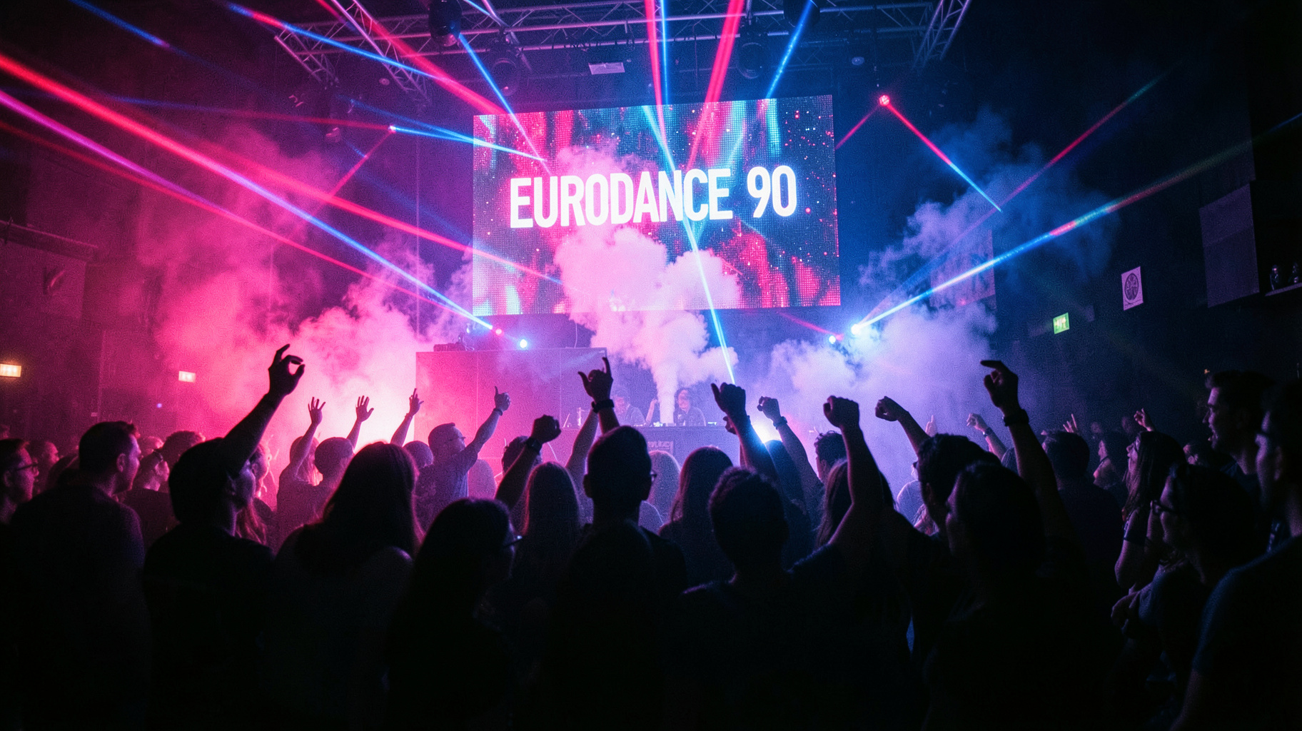 A packed 1990s European rave club at night with dancers under neon lights and a screen reading EURODANCE 90