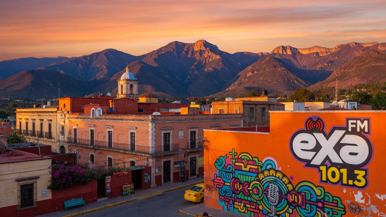 Durango Mexico at golden hour with the Sierra Madre mountains behind colonial buildings and an orange EXA FM 101.3 mural on a wall