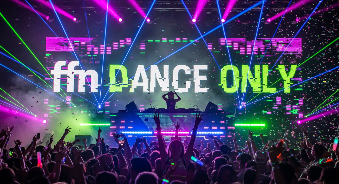 An electric EDM festival main stage at night with a DJ, raised hands, lasers and an ffn Dance Only LED screen