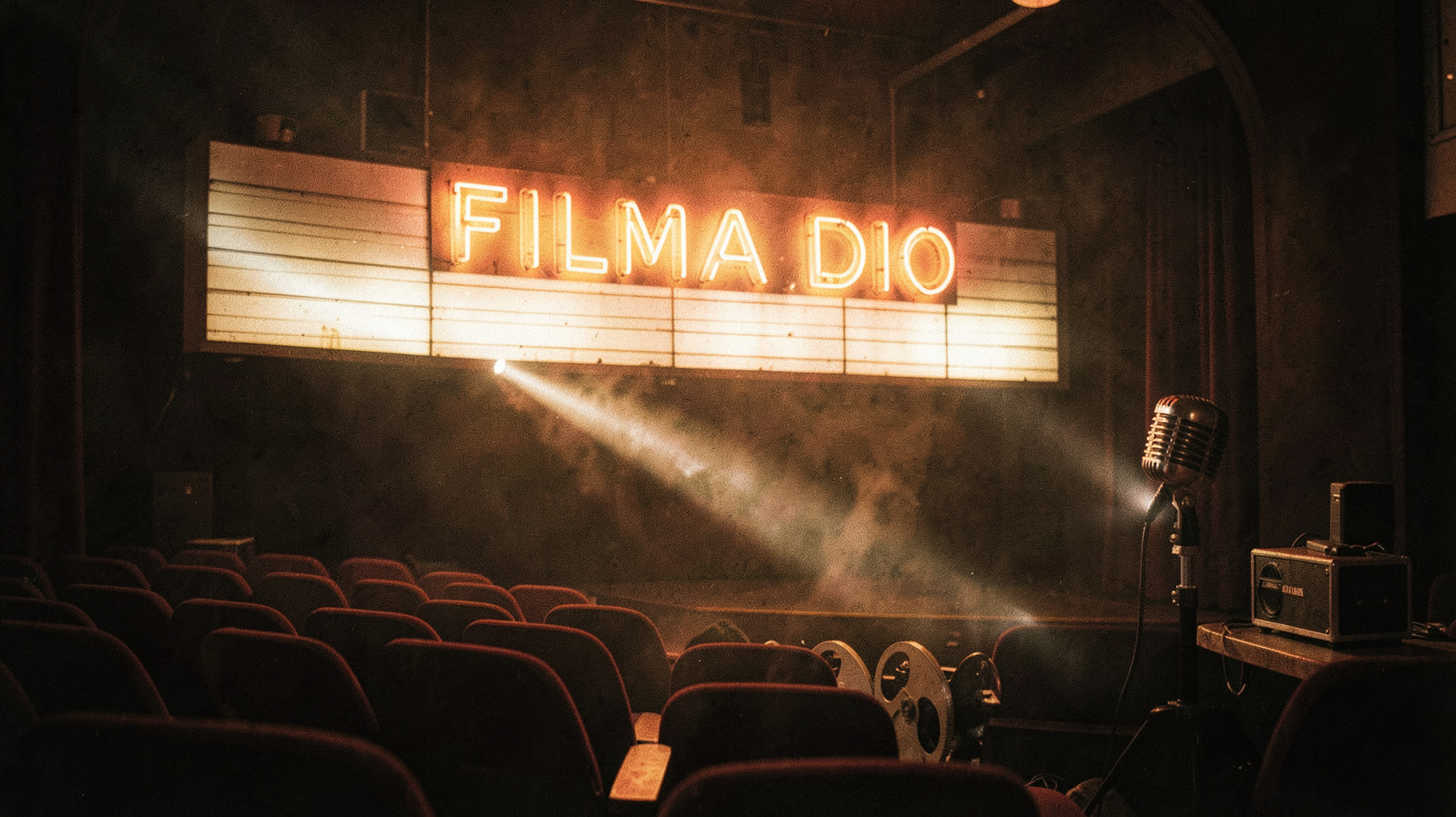 Old cinema marquee at night with a neon sign reading Filmradio