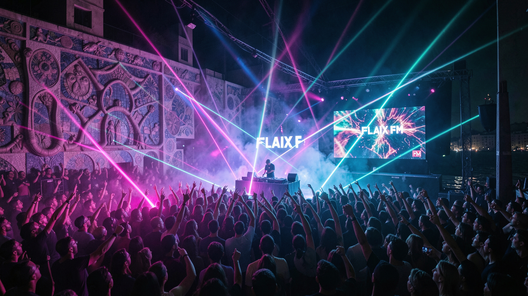 Barcelona dance floor with lasers and a LED wall reading Flaix FM