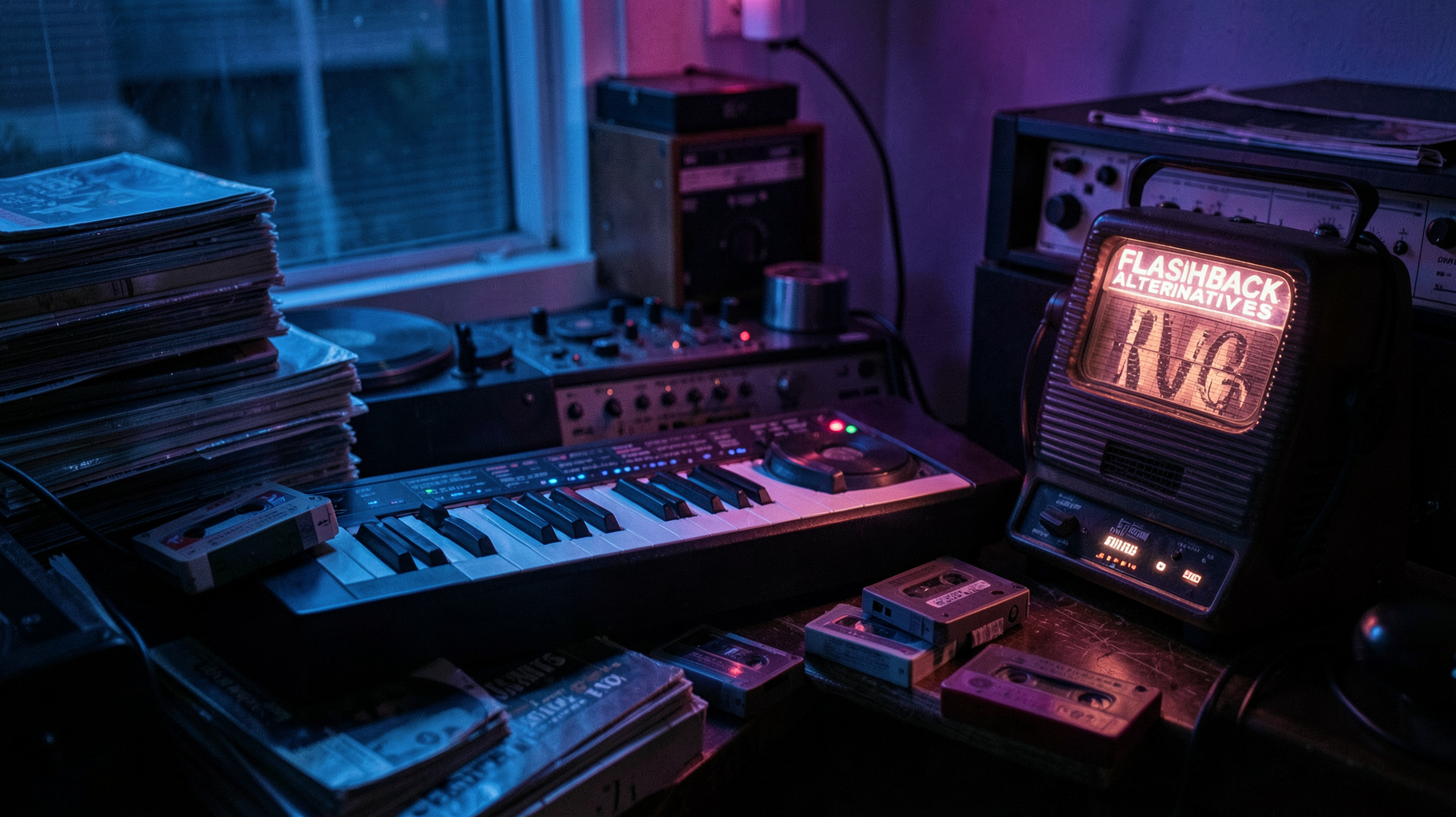 A nostalgic home DJ studio with a vintage synthesizer, vinyl records, cassette tapes and a glowing radio dial reading Flashback Alternatives
