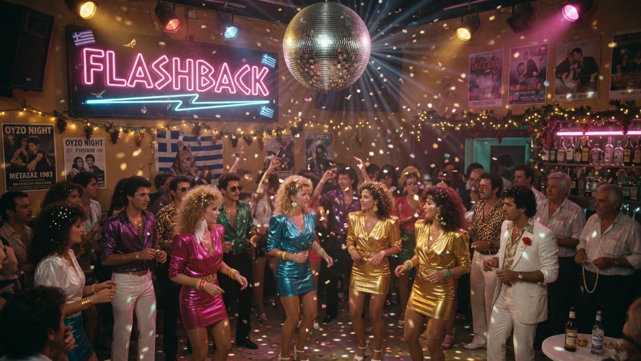 Greek disco venue in Athens with mirrored disco ball, Flashback neon sign, and colorful 80s dancers