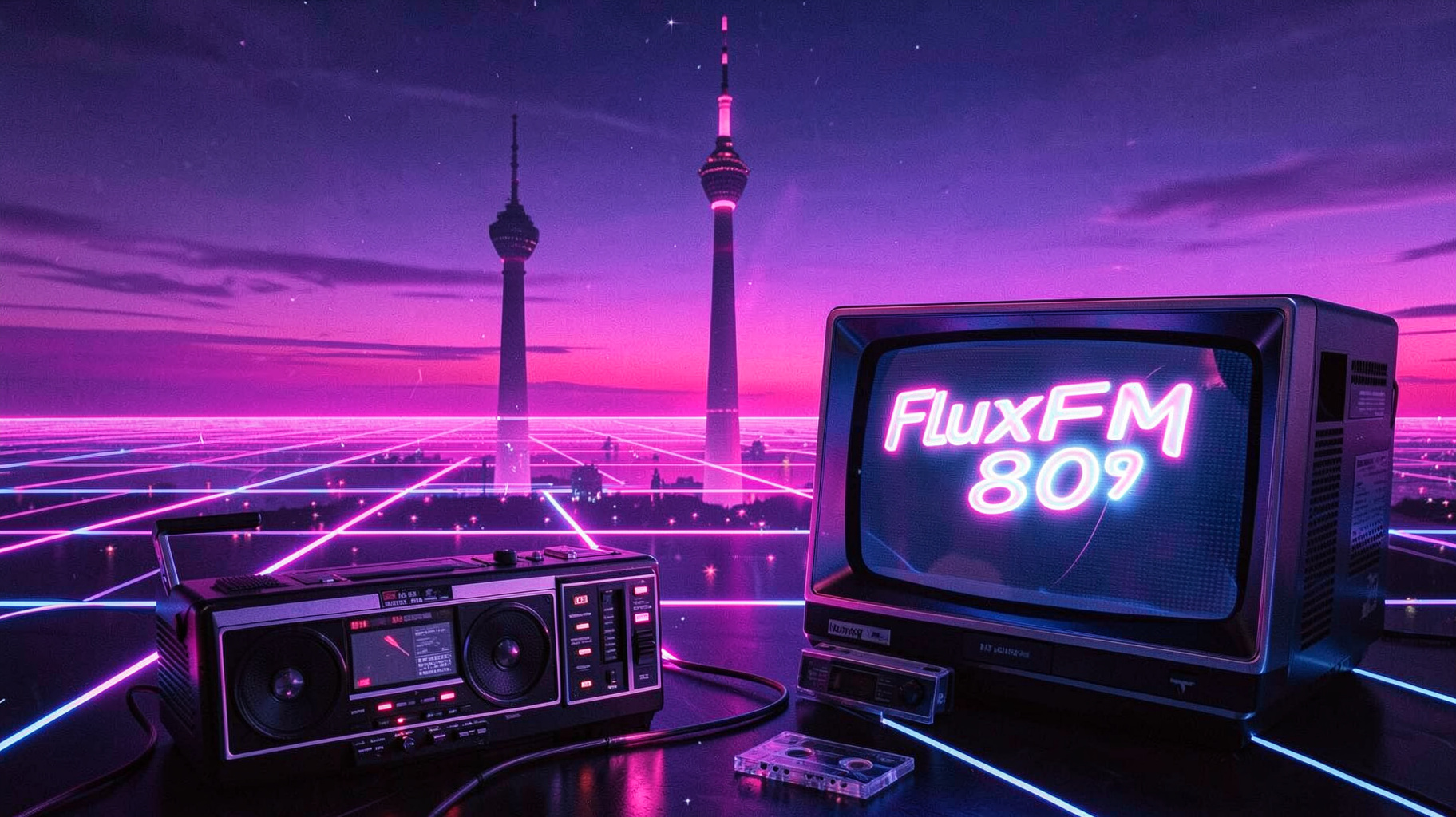 A retro synthwave scene with Berlin's Fernsehturm TV tower glowing pink and purple, a vintage boombox in the foreground, and a CRT screen reading FluxFM 80s