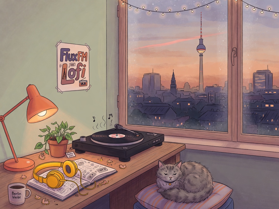 A cozy lofi study nook at dusk with headphones, a turntable, and the Berlin skyline visible through the window