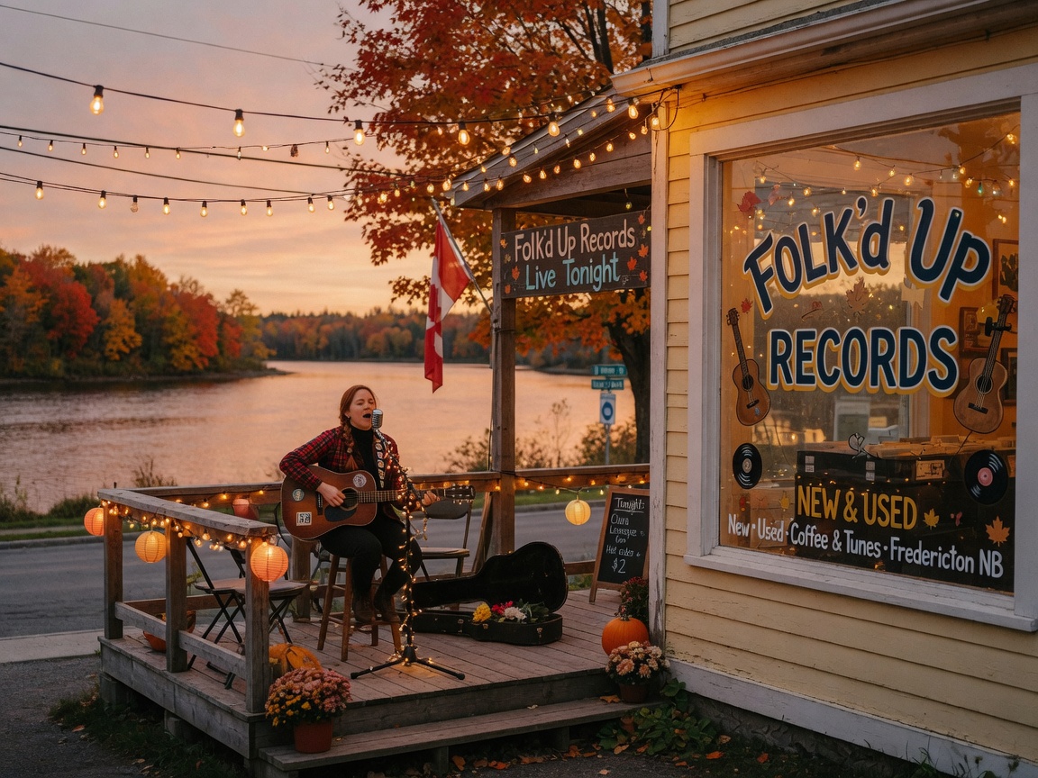 A folk musician playing guitar on a porch overlooking the Saint John River at dusk, representing Folk'd Up Radio in Perth-Andover, New Brunswick