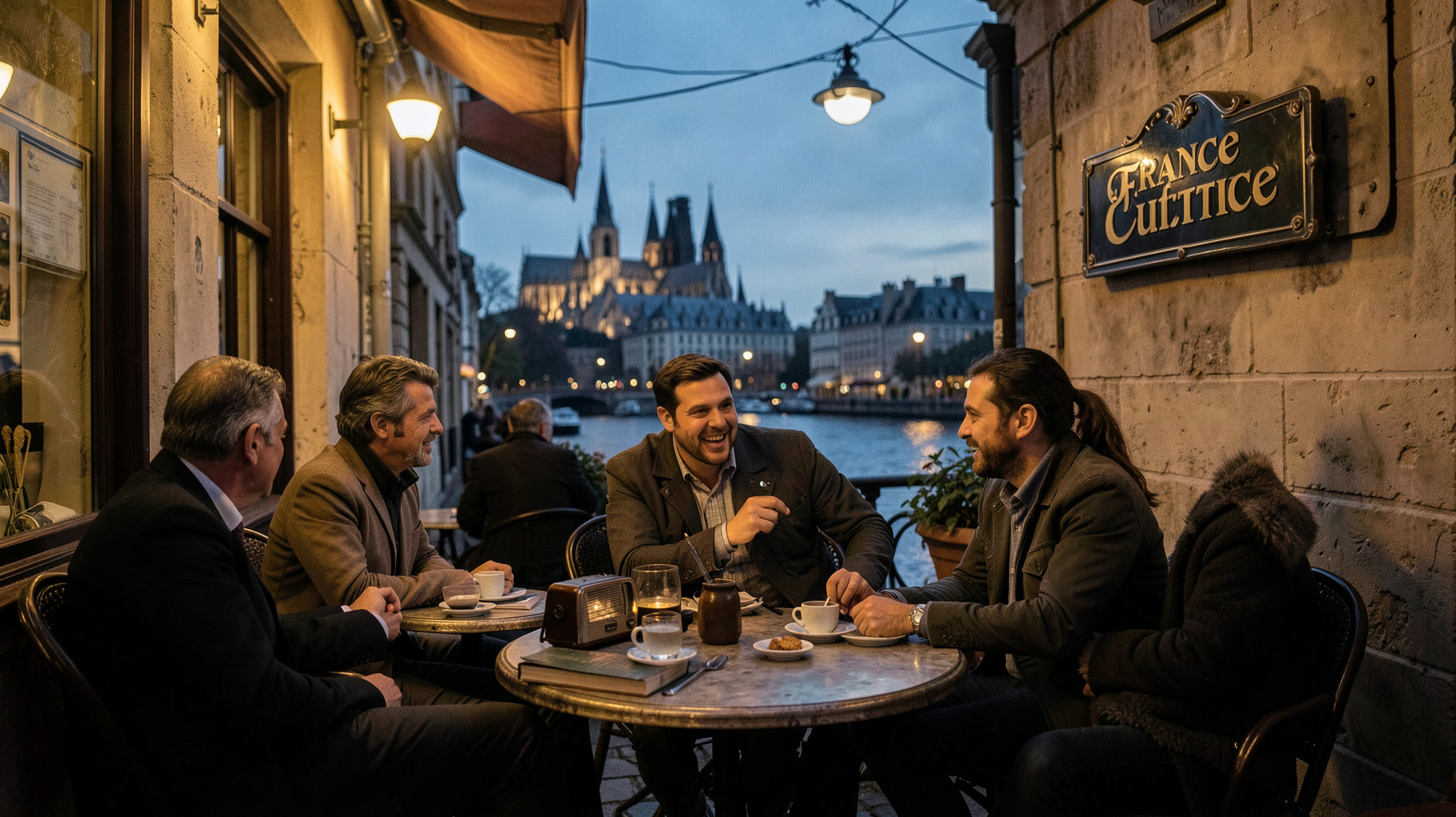 Left Bank Paris cafe at dusk with a sign reading France Culture