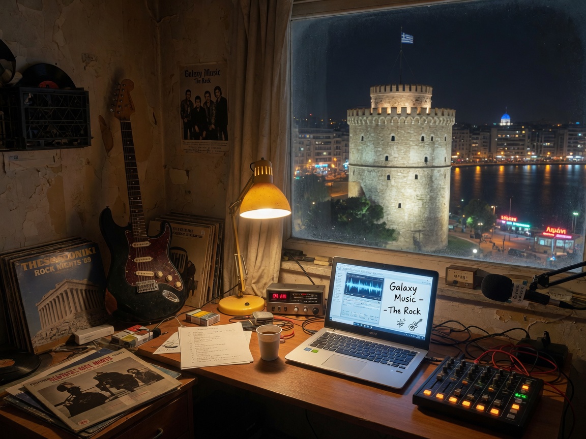 A home radio broadcasting setup overlooking Thessaloniki's White Tower at night, representing Galaxy Music The Rock