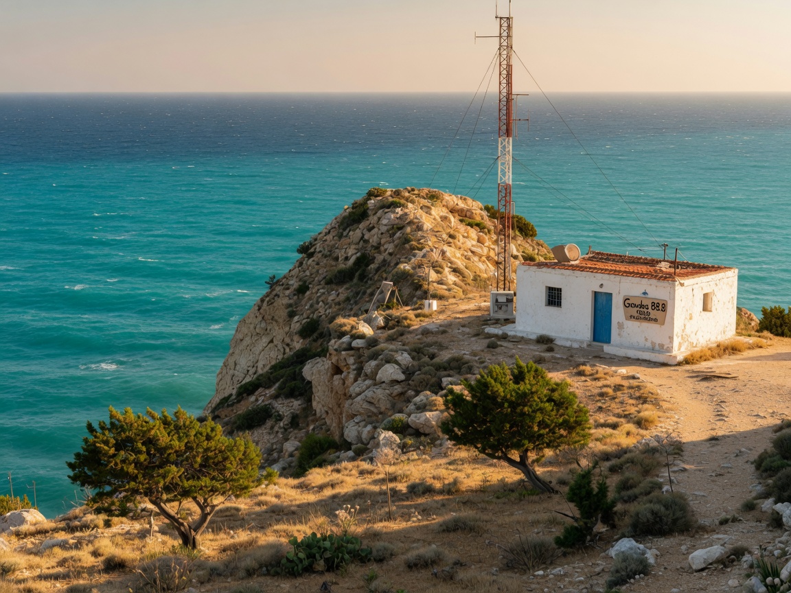 A small whitewashed radio station building on a clifftop at the southernmost tip of Gavdos island, Greece