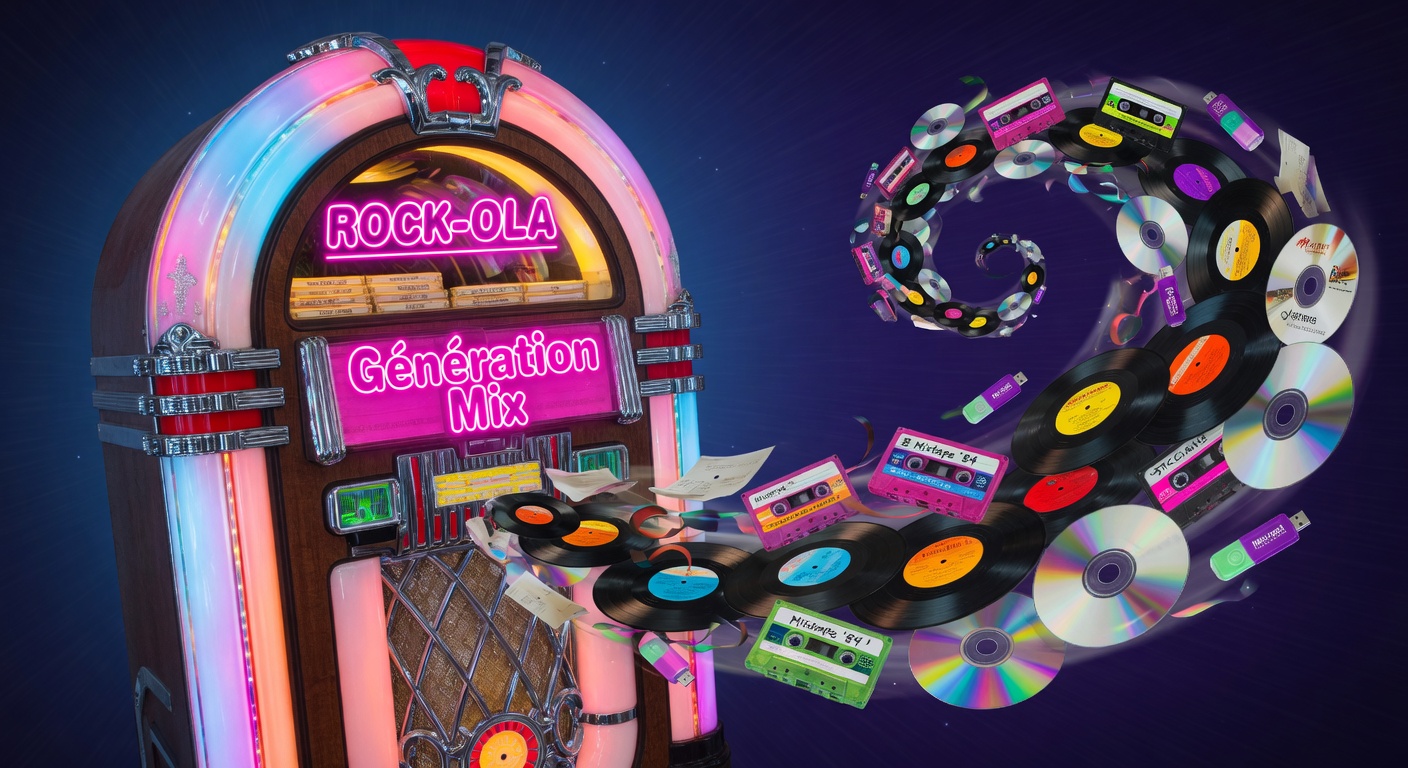 A chrome jukebox exploding in a wide spiral of vinyl records, cassette tapes, CDs and USB drives, with Génération Mix glowing in pink neon on the display
