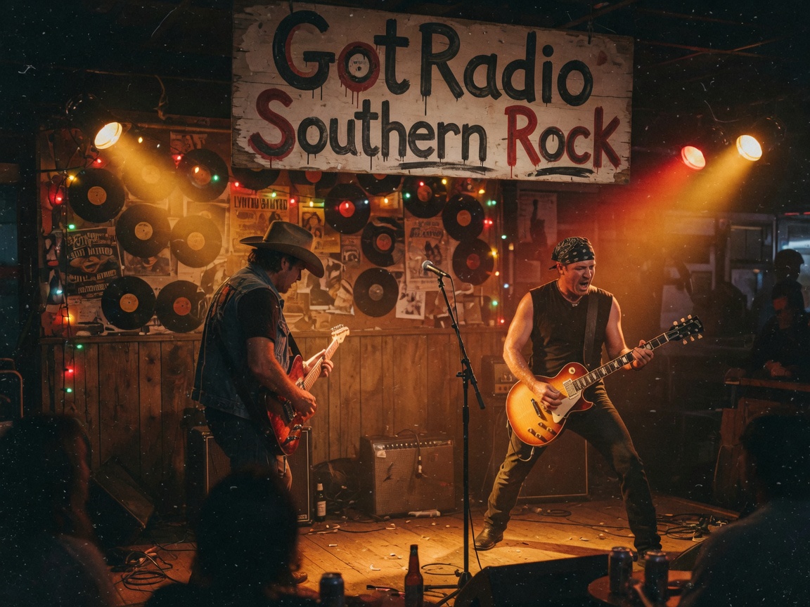 A gritty Southern roadhouse stage with dueling guitarists and a GotRadio Southern Rock sign