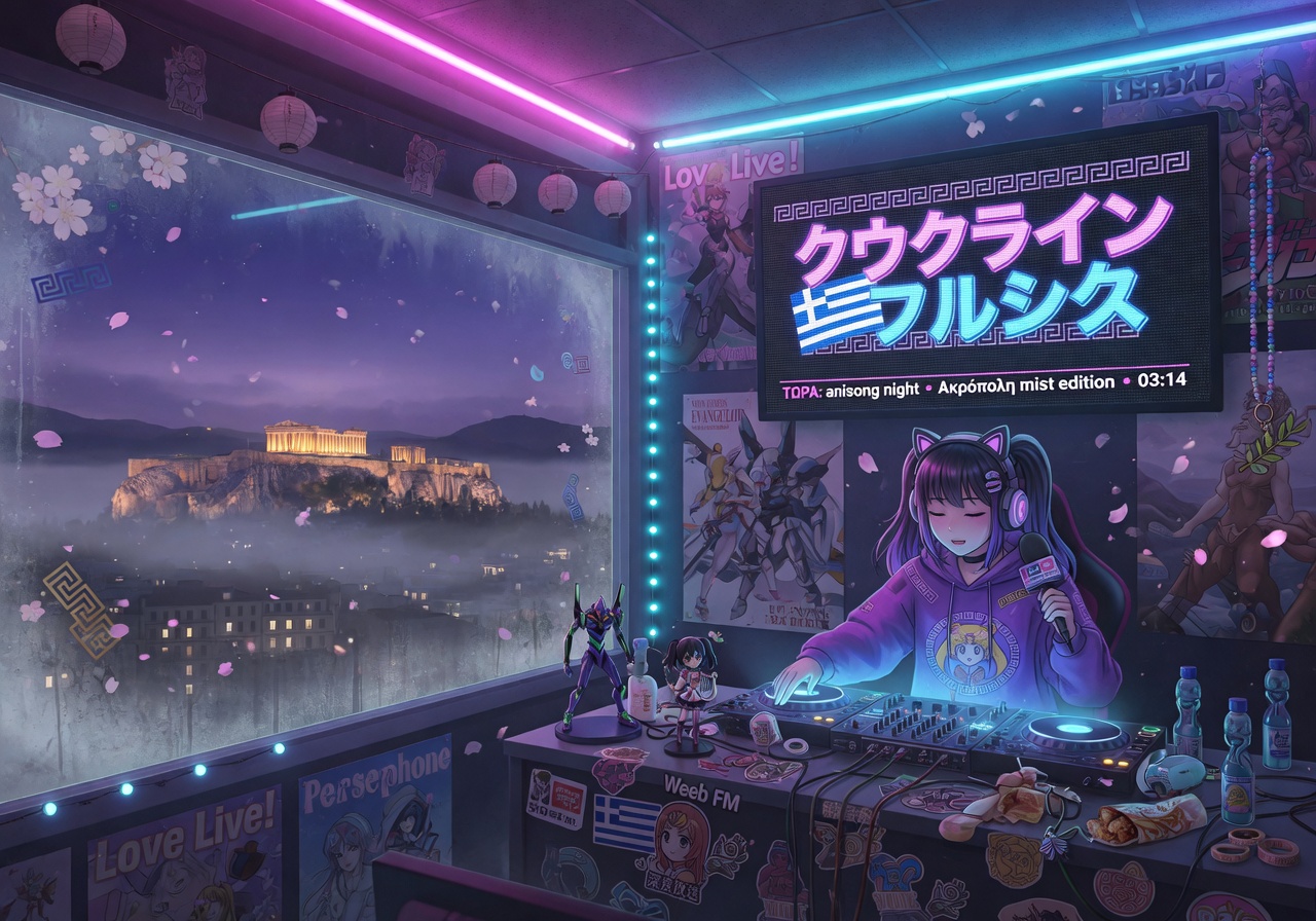 Greek Otaku Radio, anime DJ studio in Athens at night with neon lights and the Acropolis in the background