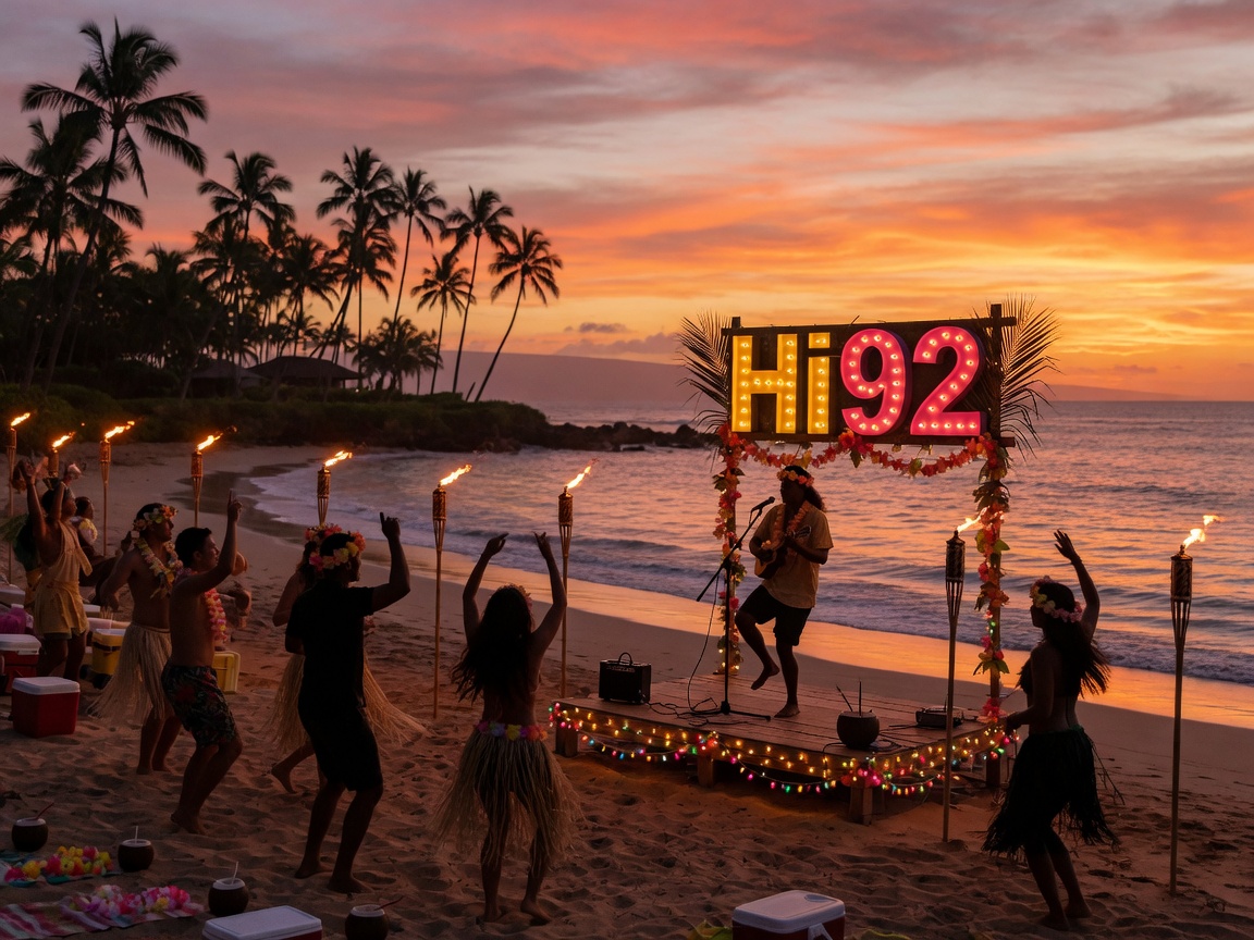 A golden sunset beach party on Maui with dancers, tiki torches, and a stage sign reading HI92