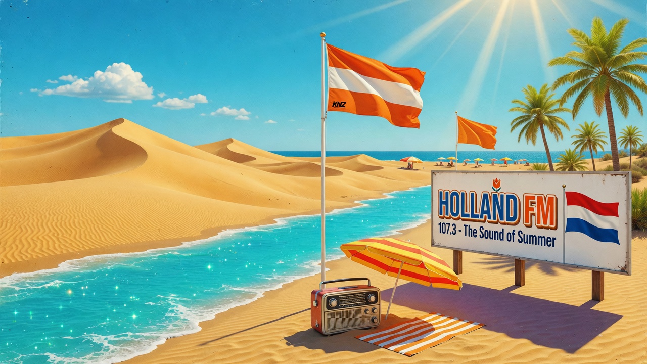 The golden Maspalomas dunes of Gran Canaria meeting a turquoise sea, with Dutch beach flags and a Holland FM billboard under a blue sky