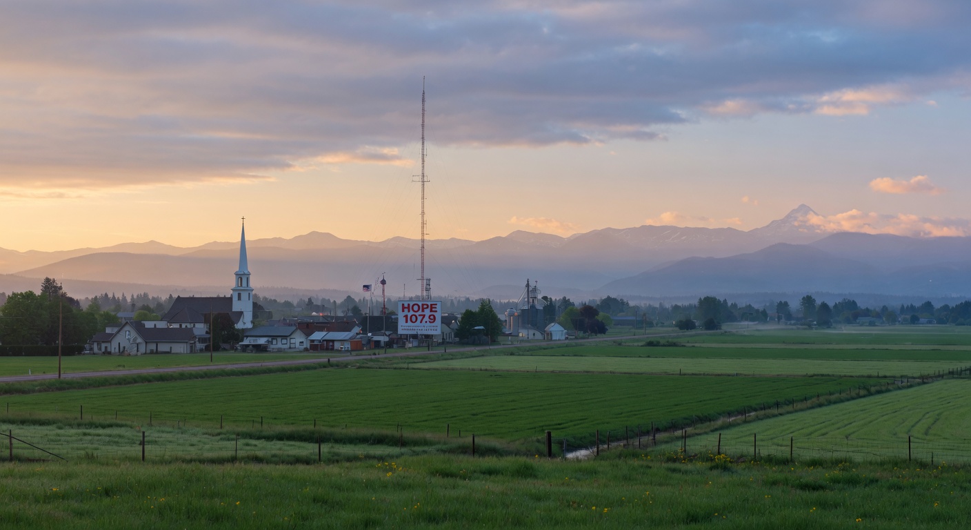 Willamette Valley Oregon at dawn, green fields and Cascade mountains with a small town church steeple and Hope 107.9 radio tower in the morning light