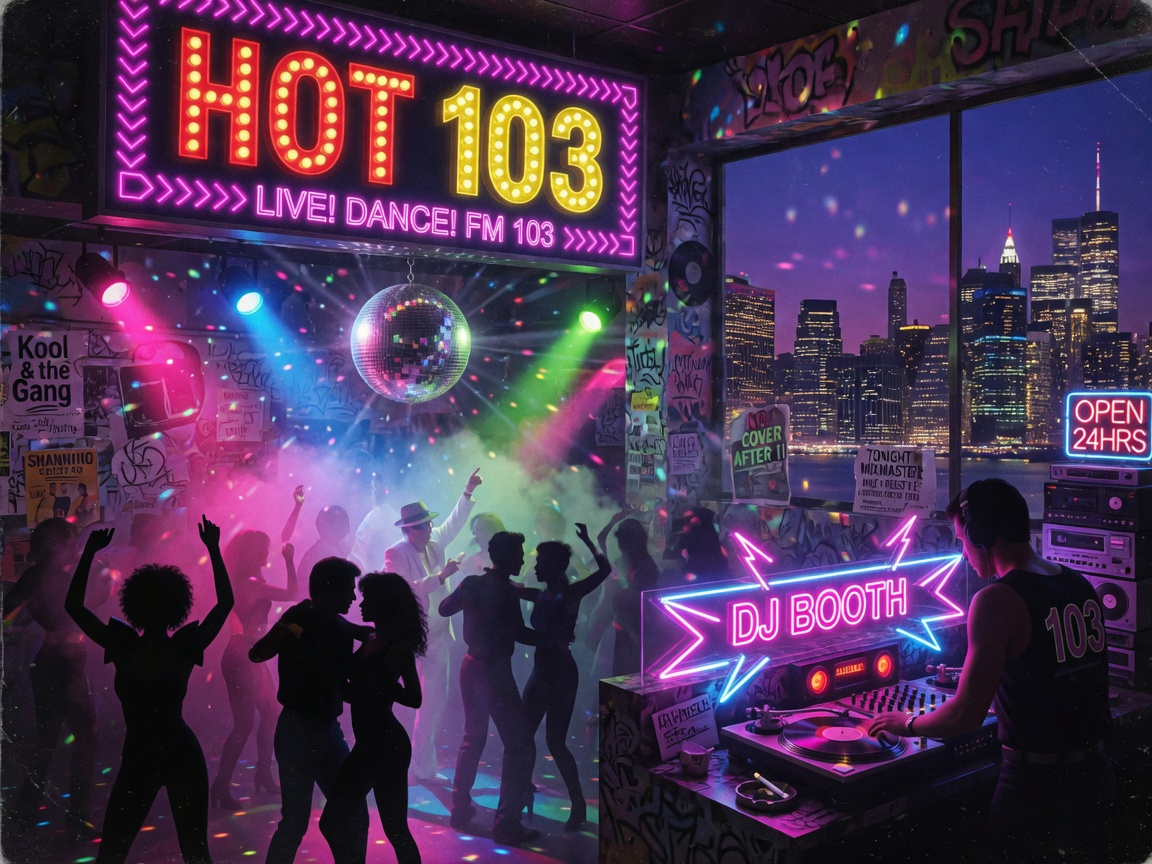 A retro 1980s New York nightclub scene with neon lights and a marquee sign reading HOT 103