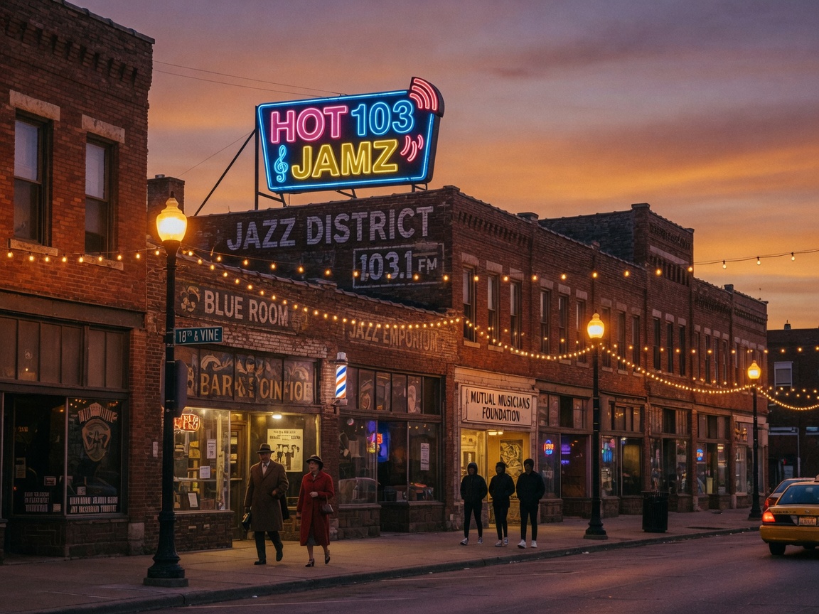 The historic 18th and Vine Jazz District in Kansas City at dusk with a glowing Hot 103 Jamz neon marquee sign