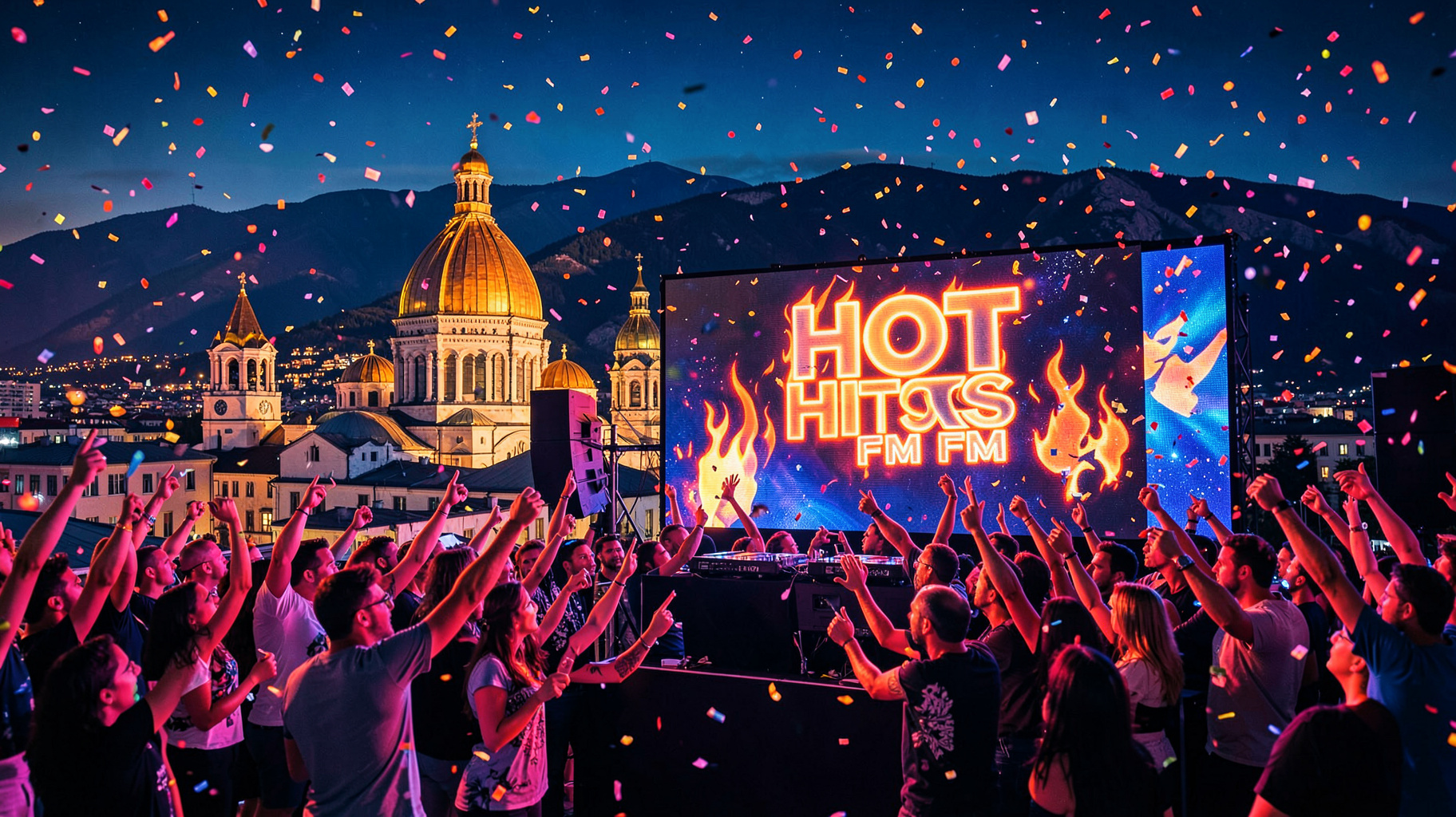 Rooftop party above Sofia with an LED screen reading Hot Hits FM