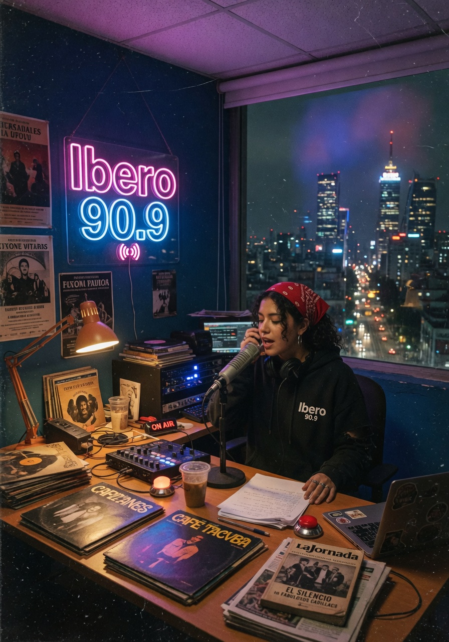 Late-night university radio studio in Mexico City with warm amber lighting, vinyl records, and a glowing Ibero 90.9 neon sign