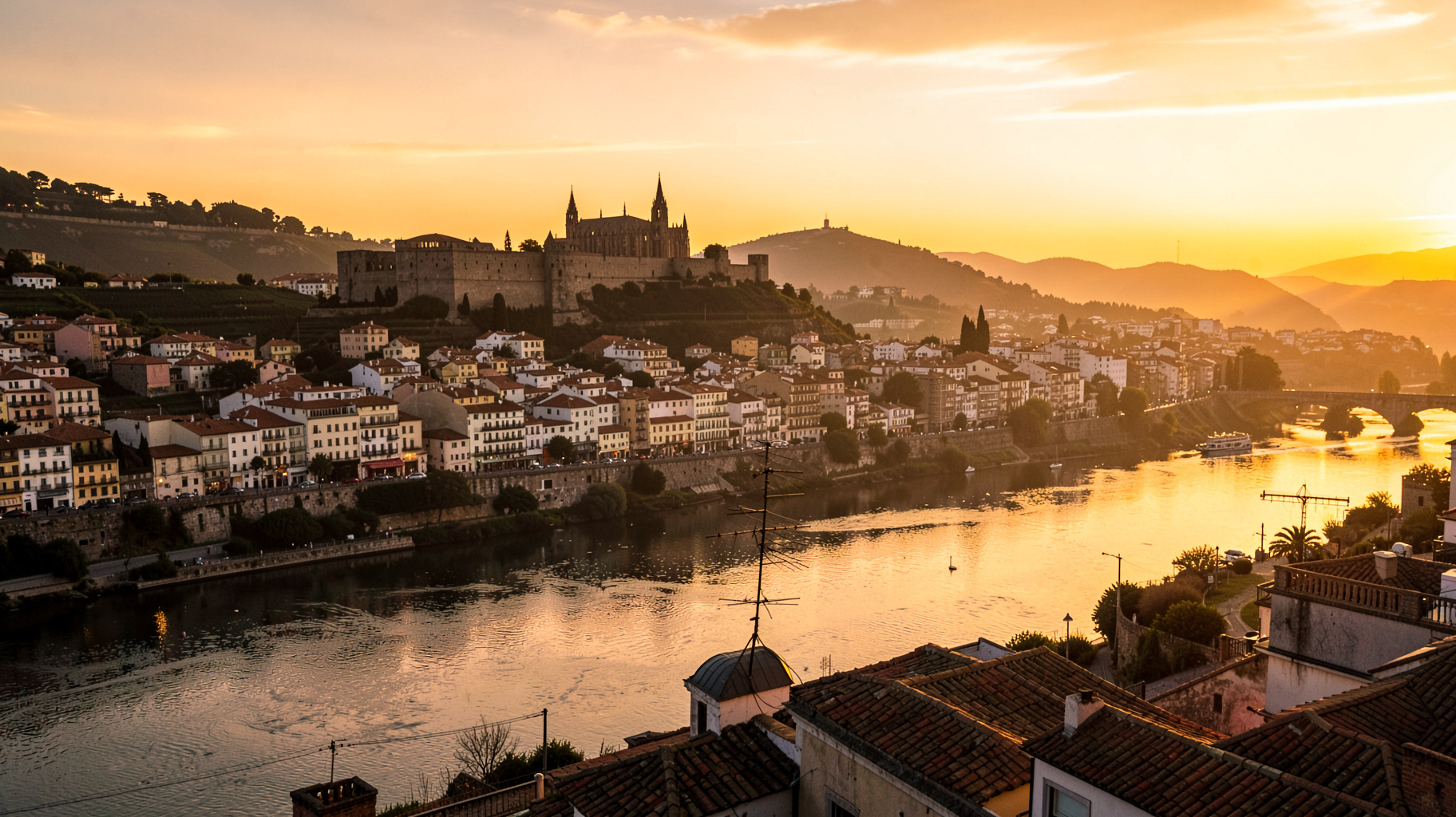 The historic city of Tortosa, Spain at golden sunset with the Ebro river, cathedral and La Suda castle silhouetted on the hillside