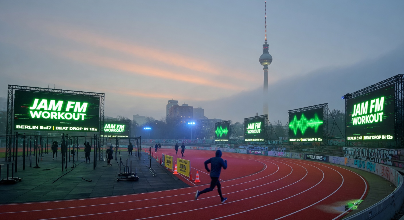 Berlin outdoor running track at dawn with the TV Tower in the background and JAM FM WORKOUT displayed on neon green screens