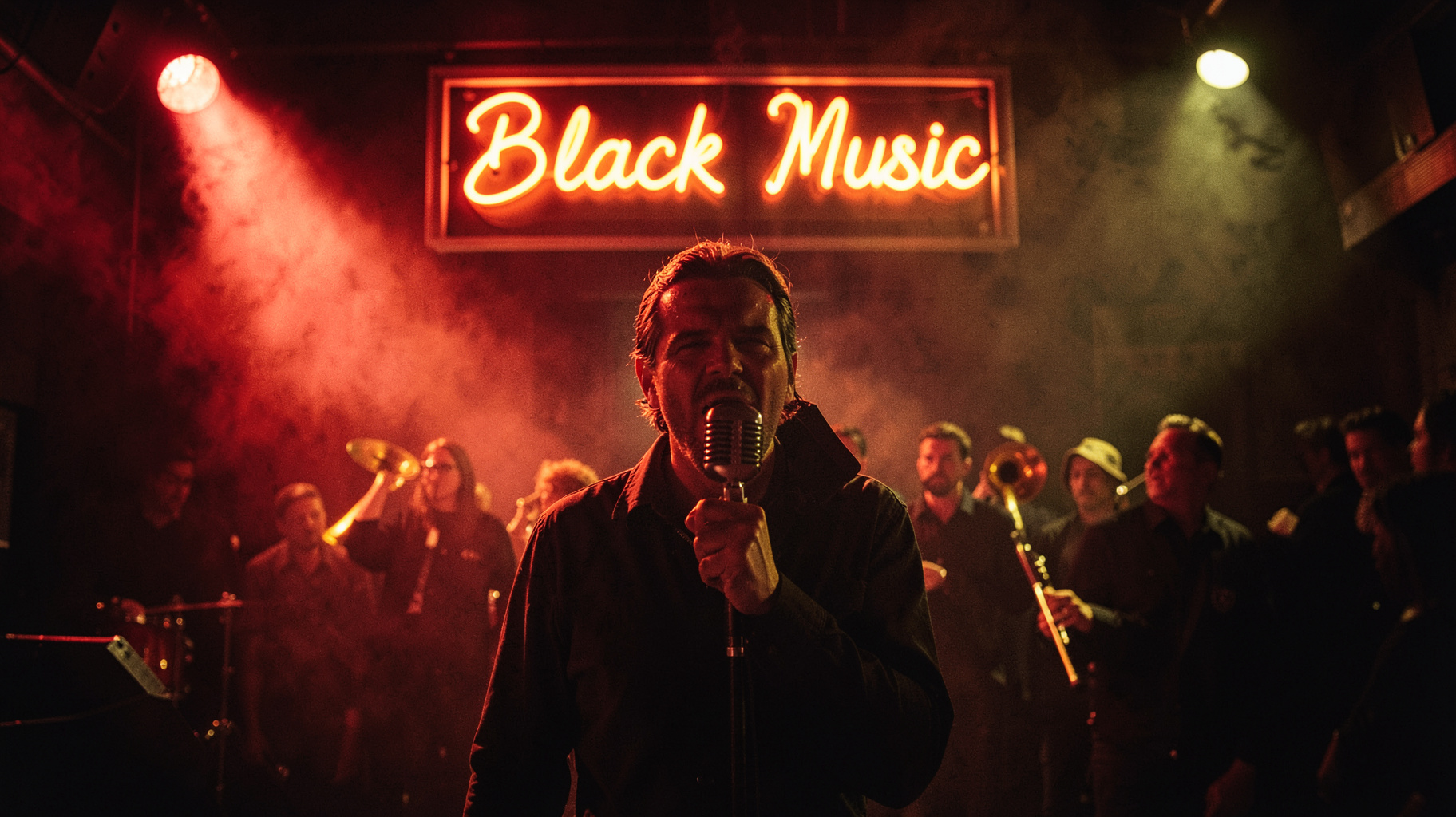 A soul and funk club stage with a neon sign reading Black Music