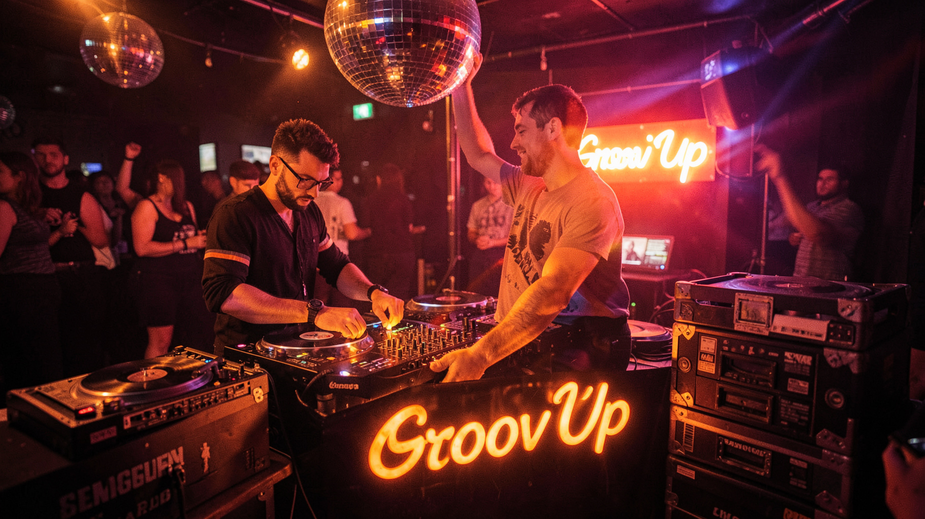 A funk DJ booth at night with a glowing sign reading Groov