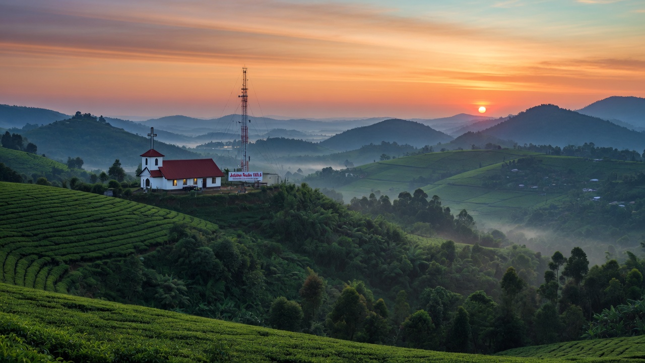 Fort Portal Uganda at dawn, volcanic hills and tea plantations, Catholic church silhouette with radio tower and Jubilee Radio 105.6 sign